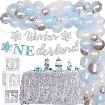 Зимни декорации на 1-ви рожден ден Onederland за момче и момиче, зимни снежинки, празнични аксесоари, синя сребърен венец от балони, кутии One