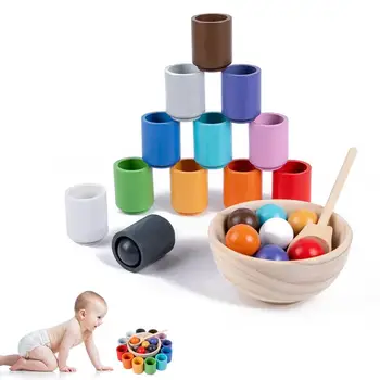 Играчка за сортиране на топки и чаши по цвят, дървен модул за обучение топката, чувствителен на допир играчка за сортиране на цветя и подбора на играчки за деца в предучилищна възраст