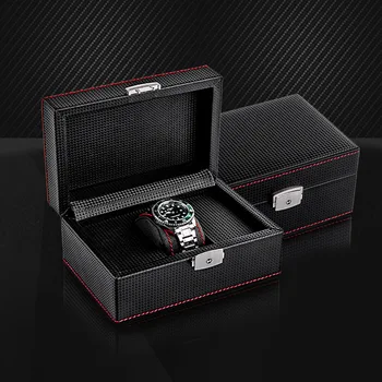 Кожен калъф за часовници, изработени от въглеродни влакна с един слот, органайзер, черна дървена кутия за съхранение, луксозен калъф за часа с ключалка, подарък за рожден ден