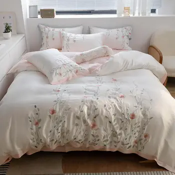 Комплект спално бельо от бамбуково влакно с бродирани бели цветя, гладко меко дышащее одеяло Queen, King Size