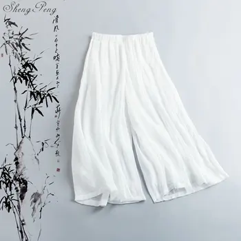 Ленени панталони дамски бельо облекла за жени с еластична талия удобни обикновена широки бели ленени панталони V1369