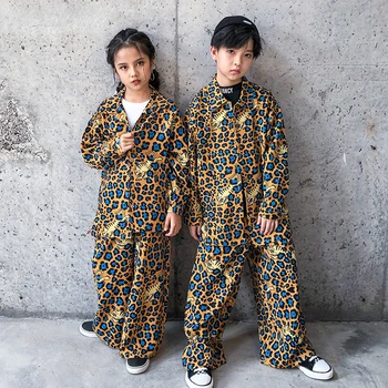 Леопардовая риза за улични танци за момичета, свободни панталони с принтом в стил хип-хоп за момчета, комплекти за градинска дрехи за деца, джаз облекло за тийнейджъри, етап костюми