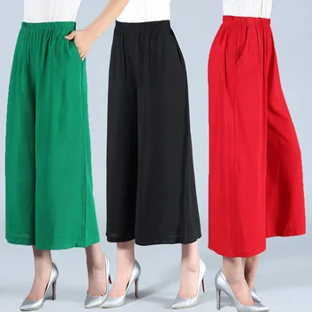 Летни дамски спортни панталони, свободни дамски поли с дължина до глезена, ежедневни памучни ленени обикновена скъсяване на панталон с еластична талия