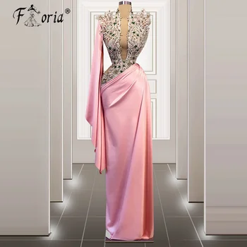 Луксозни розови арабски вечерни рокли ръчно изработени с украса във формата на кристали с едно рамо за специални случаи и по-Дълга рокля за бала Саудитски халат Вечерно