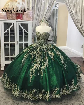 Луксозни тучни зелени рокли, бална рокля 2023, златни дантелени цветя, кристални мъниста, пайети, облекло за сватбеното парти на дантела, Vestido
