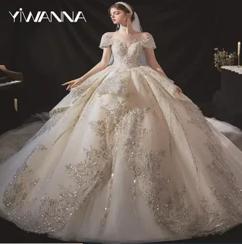 Луксозно романтична сватбена рокля с открити рамене, лъскава класически апликация, пайети, халат на булката, елегантна сватбена рокля с дължина до пода
