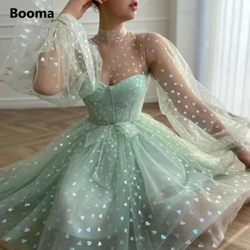 Мини рокли за бала Booma мятно-зелен цвят, с дълги буйни ръкави и принтом във формата на сърца, тюлевые къса рокля за абитуриентски бал с дължина над коляното, сватбени рокли за партита