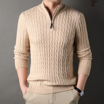 Модерен мъжки пуловер с цип с висока яка, мъжки вязаный пуловер, топли пуловери