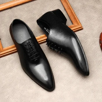 Мъжки официалната обувки от естествена телешка кожа, цельнокроеные оксфордские обувки за мъже, модела обувки в италиански стил за сватба, офис обувки дантела