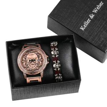 Мъжки часовник, луксозен календар от червена мед с отпечатан под формата на черепа в ретро стил, кварцов часовник, с моден случайни кожена най-добрият комплект гривни за мъже