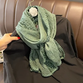 Нежна дантела ленена памук и лен тънък шал, модерен дамски потник шал, ранна пролет-лято, подарък шал в чужд стил