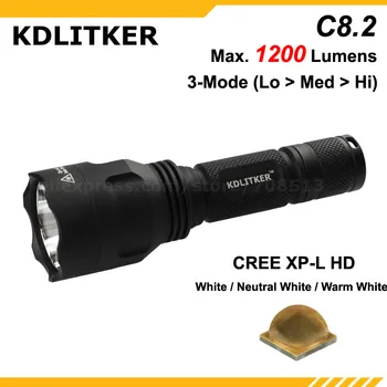 Нов led фенерче KDLITKER C8.2 Cree XP-L HD Бял 6500 К / Неутрален Бяло 5000 К / Топло бял 3000 До 1200 Лумена - Черен (1x18650)