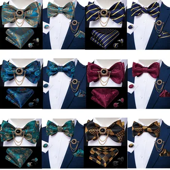 Нов дизайн, бизнес сватба парти, носи вратовръзка за мъжете, синьо златна коприна папийонка с Пейсли, имат квадратна брошка, комплект игли, папийонка, DiBanGu
