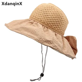Нова лятна дамска шапка, сгъваеми шапки-кофи с лък, солнцезащитная плажна шапка с голяма периферия, туризъм куха дишаща е горната шапка