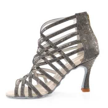 Нови дамски официални танцови обувки със сребърни пайети, обувки за латино танци Салса, обувки за танци балната зала, женски танцови обувки на ток 9 см, вечерни танцови обувки
