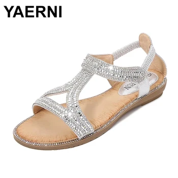 Нови дамски сандали в стил бохо, дамски обувки, летни сандали на равна подметка с кристали, Sandalias De Verano Para Mujer, обувки