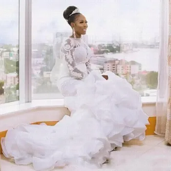Ново сватбена рокля на русалка с къдри от африканската органза 2023, сватбени рокли с дълъг ръкав