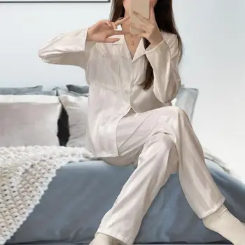 Пижама с ревера дамски летни панталони с дълги ръкави с костюм-двойка, дамски сатен свободна домашно облекло с принтом, ежедневна мода пижами