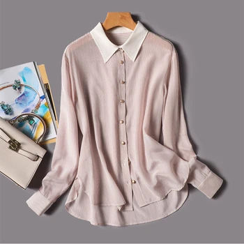 Пролетно-лятна нова дамска блуза от поплин, ежедневни модерна риза с отложным яка и копчета, риза с дълъг ръкав райе