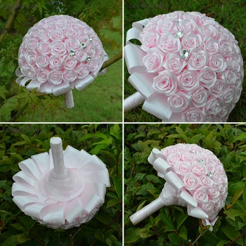 Реални снимки Букет рози сатен, ръчно изработени сватбени цветя от лента с рози, кристален дръжка, розов цвят, букети за шаферките