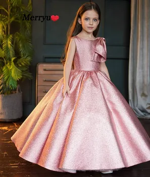 Розова блестяща рокля с цветя модел за момичета, празнични рокли без ръкави за момичета, рокли за партита в чест на рождения ден на принцеса, рокля за Св. причастие