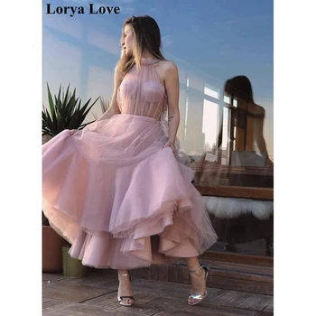 Розови рокли за бала 2020, иллюзионное дълго празнична рокля, елегантни вечерни рокли трапецовидна форма, без ръкави, с бретелькой на шията, тюлевый халат Soiree De
