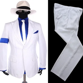 Рядко MJ Майкъл Джексън Лъскав наказателно класически всекидневен костюм, бяла ивица в прилепнал за партита, пълен комплект дрехи