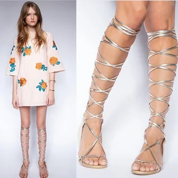Сандали до коляното с кръгло бомбе, на равна подметка, от естествена кожа, ново записване, модни дамски обувки от 2021 г., благородна светкавица с кръстосани завязкой
