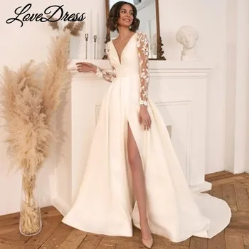 Сватбена рокля LoveDress с дълбоко V-образно деколте, дантелени апликации с дълъг ръкав, модерна рокля на булката трапецовидна форма с отворен гръб, с цип, Vestidos De Noiva