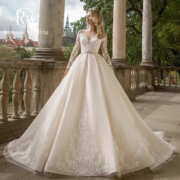 Сватбена рокля Ramanda 2023, великолепна лейси апликация с кръгло деколте и дълги ръкави, колан с диаманти, темперамент, измиване на пода