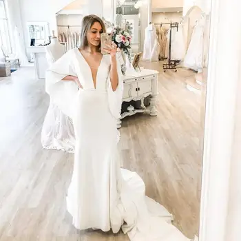 Сватбена рокля Русалка 2021, V-образно деколте, секси сатен, ръкав-фенерче, бял контур, дължина до пода, елегантни сватбени рокли за дами, прекрасни