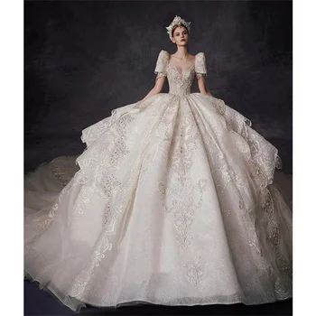 Сватбена рокля с влак и тромаво яка, луксозно, тежка промишленост, Диамантен, перлена, бельо, тюлевое, сексуална, прозрачно, 2023, Vestidos De Новия