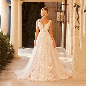 Сватбени рокли в стил бохо с дантела Doymeny 2024, трапециевидный V-образно деколте, принцеса с отворен гръб, луксозни рокли, на булки в пода с апликации, сватбени рокли