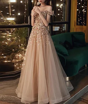 Секси вечерна рокля цвят шампанско, злато, трапецовидна форма, с открити рамене, луксозни, бродирани с мъниста, дълги сватбени рокли за официални гости, рокли за абитуриентски бал 2023