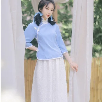 Страхотна рокля Hanfu, моля костюм Tang, пола-trapeze с висока яка в стил ретро, контрастен костюм-полата е от две части