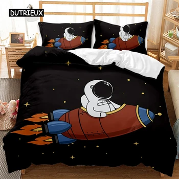 Чаршаф с космонавт, комплект спално бельо с космически приключения на ракета кораб от микрофибър, планети, звезди, стеганое одеяло, двоен комплект за момчета и юноши