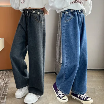 Широки дънки за момичета, пролетта 2022, нови детски директни дънкови панталони с копчета, свободни модни ежедневни панталони за тийнейджъри